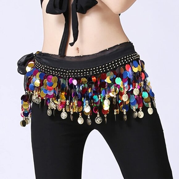 Women Black&Colorful Coin Hip Scarf Skirt Wrap Performance Belly Dance Costume - Picture 5 of 5